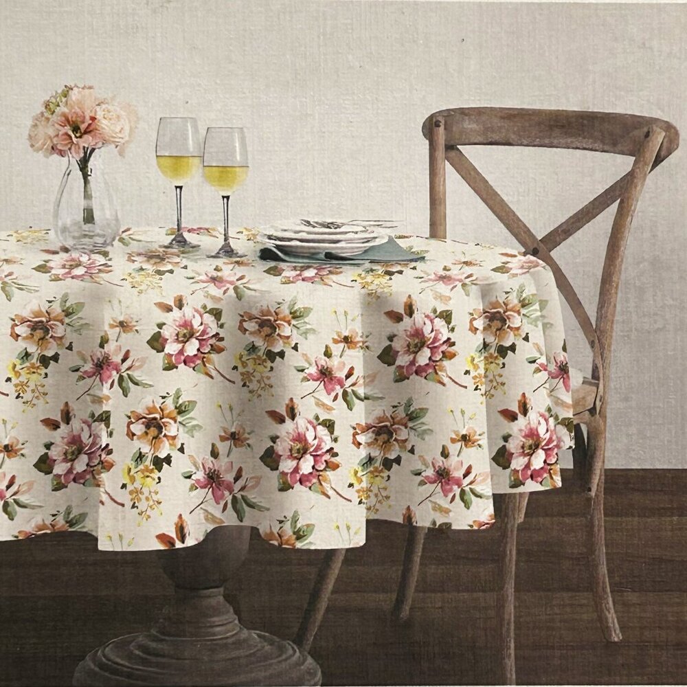 Boundary Tablecloth 70" Round 100% Cotton Spring Floral MagnoliaTan Pink Rose